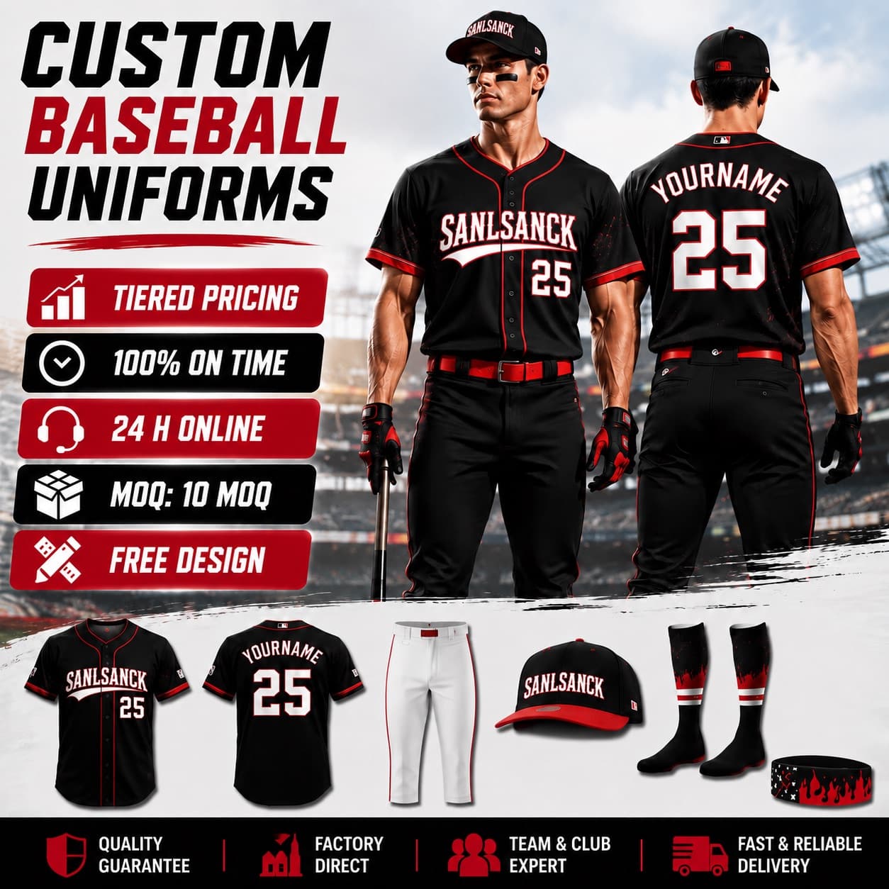 Black and red sublimated baseball uniform with custom name, number, pants, cap and socks