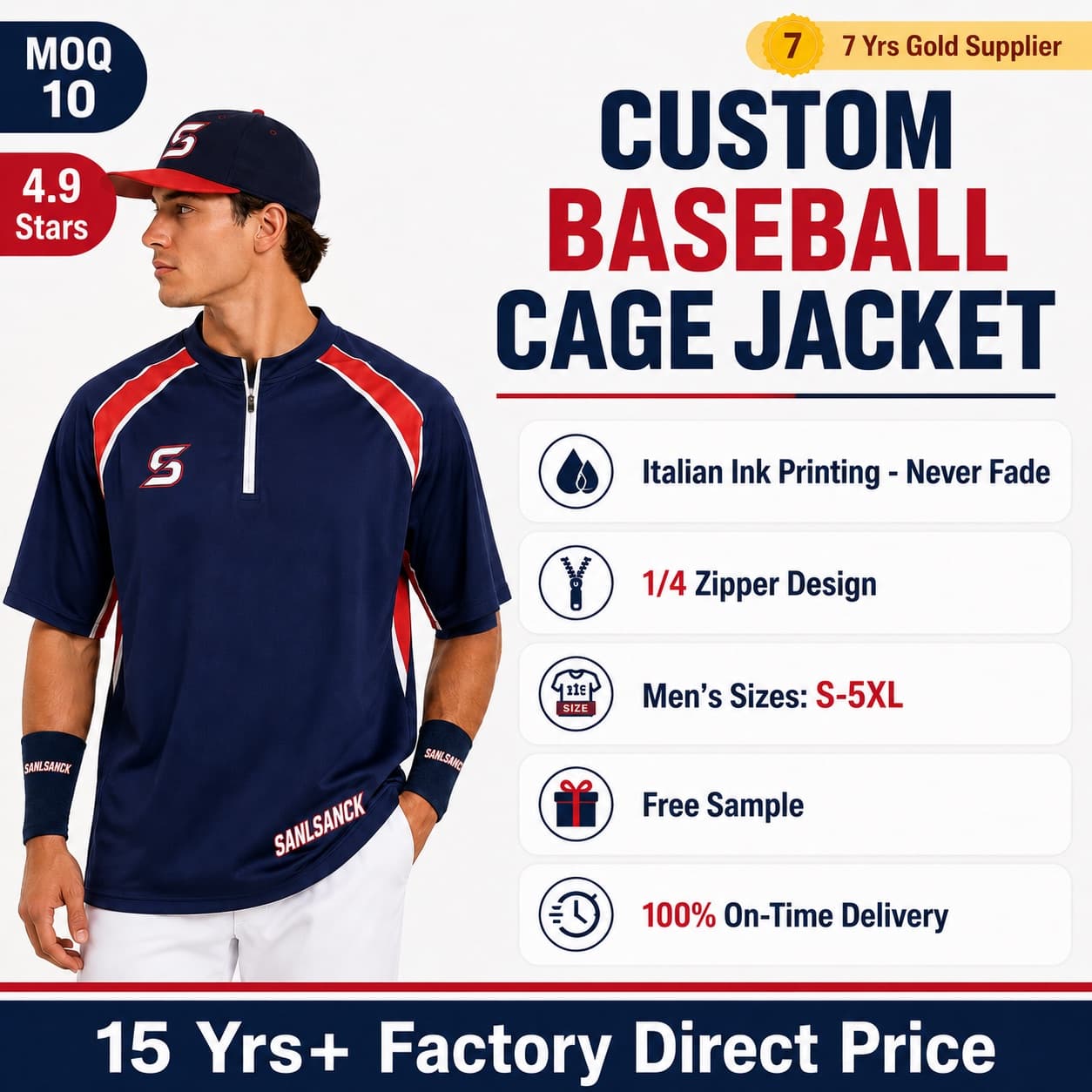 Custom navy red quarter zip baseball batting cage jacket for team training and warmups
