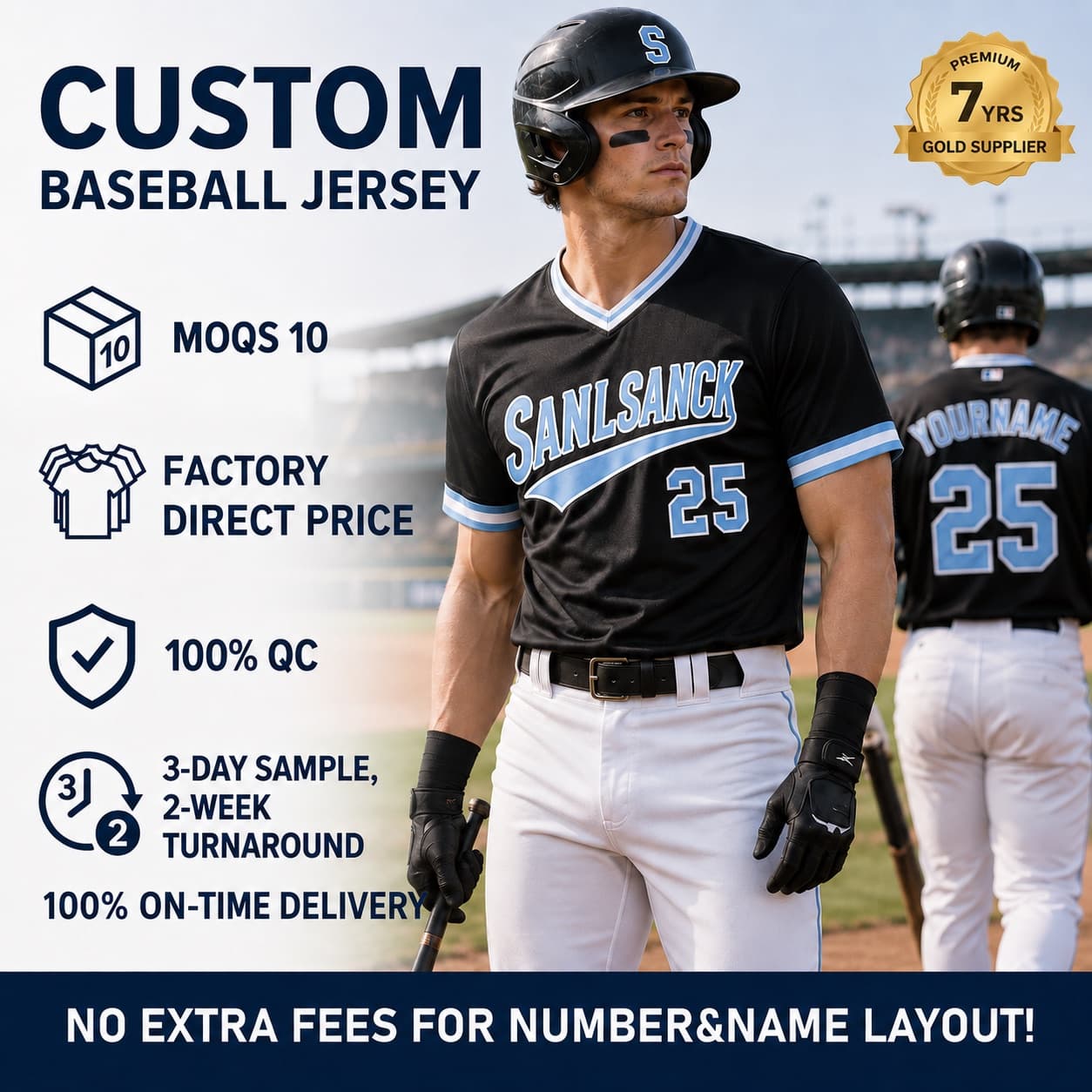 Personalized black baseball jersey with custom team name and player number