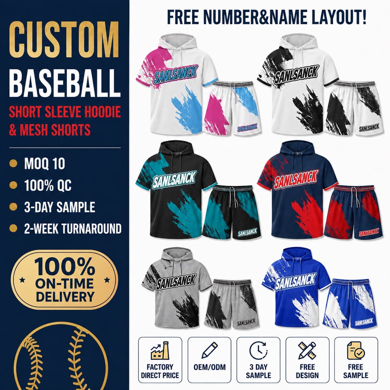 Custom baseball short sleeve hoodie and mesh shorts set with team logo colors name and number