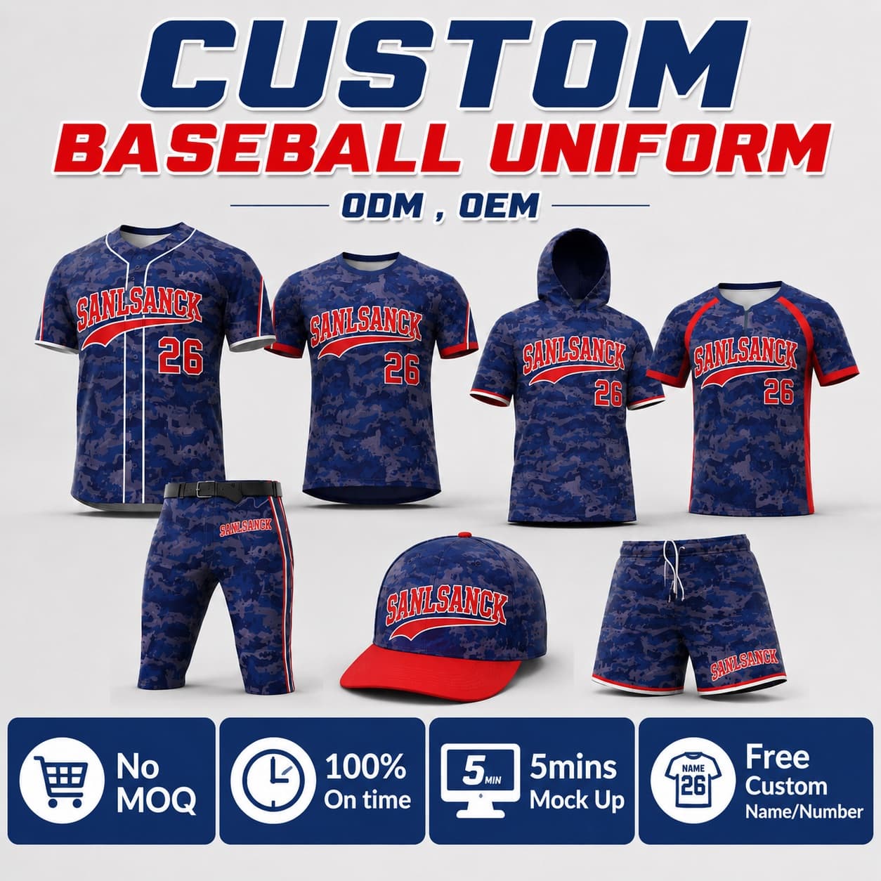 Custom baseball uniforms from an OEM manufacturer with jerseys, pants, shorts, cap and batting hoodie