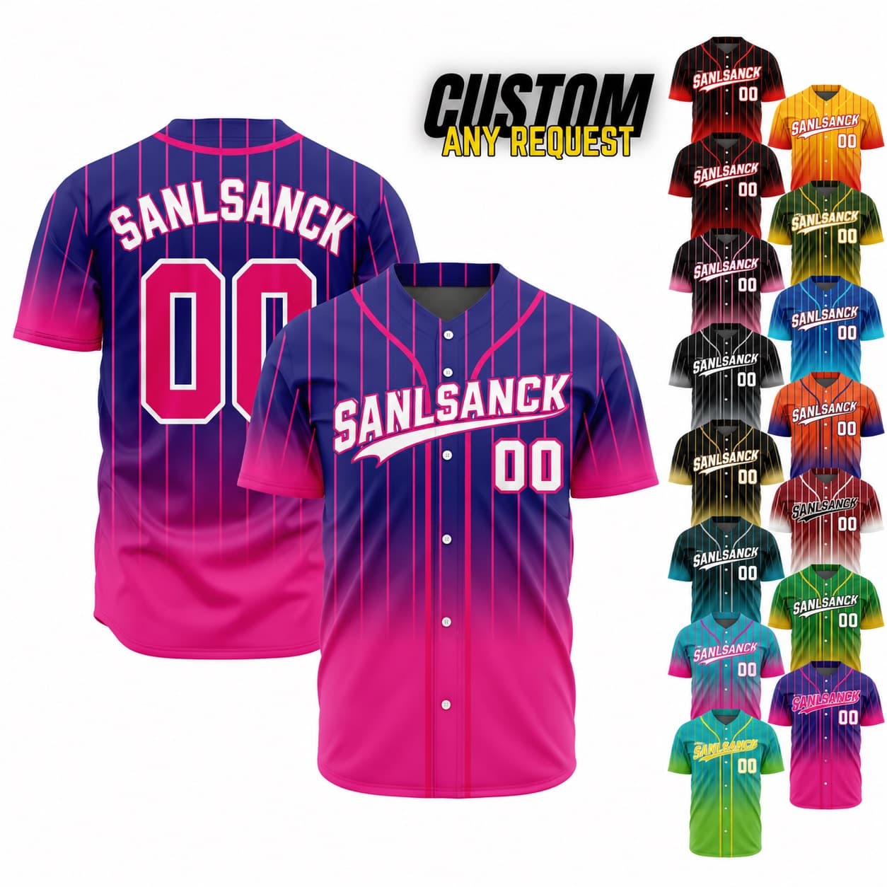 Custom purple and pink gradient baseball jersey with personalized team name and player number