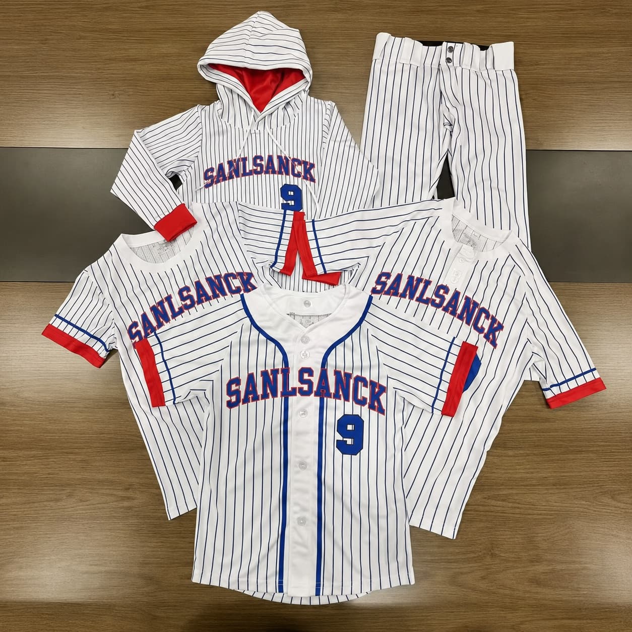 Custom white pinstripe baseball jerseys, batting hoodie and baseball pants