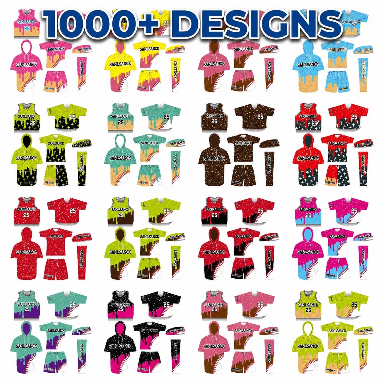 Colorful custom youth baseball training uniforms including jerseys hoodies shorts sleeves and headbands