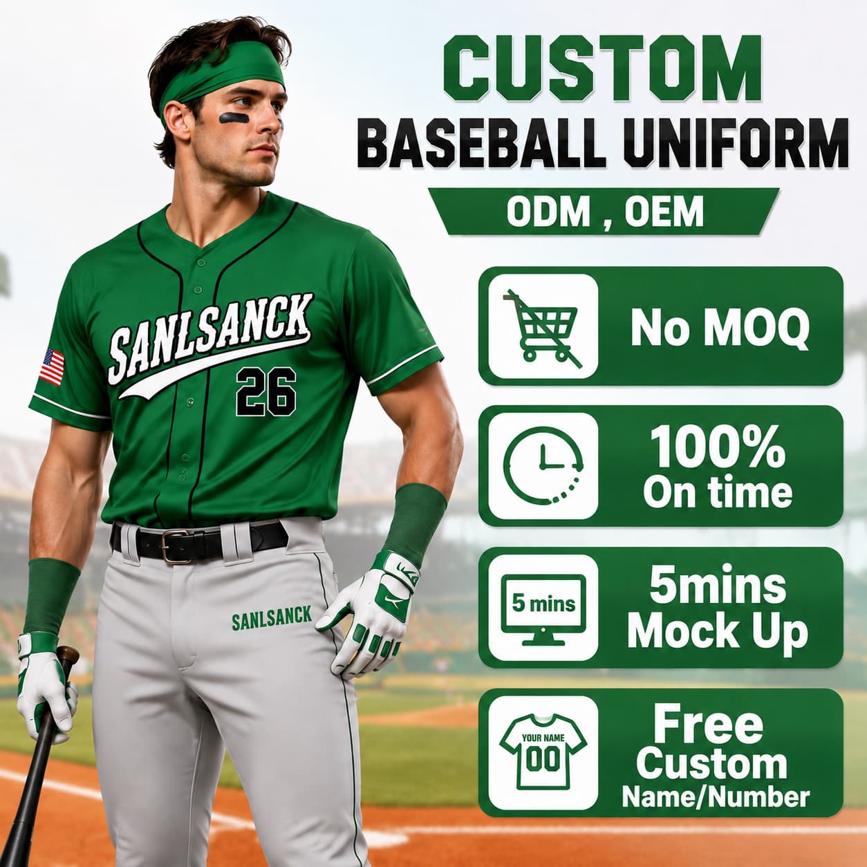 Green low MOQ custom baseball jersey with personalized team logo and player number