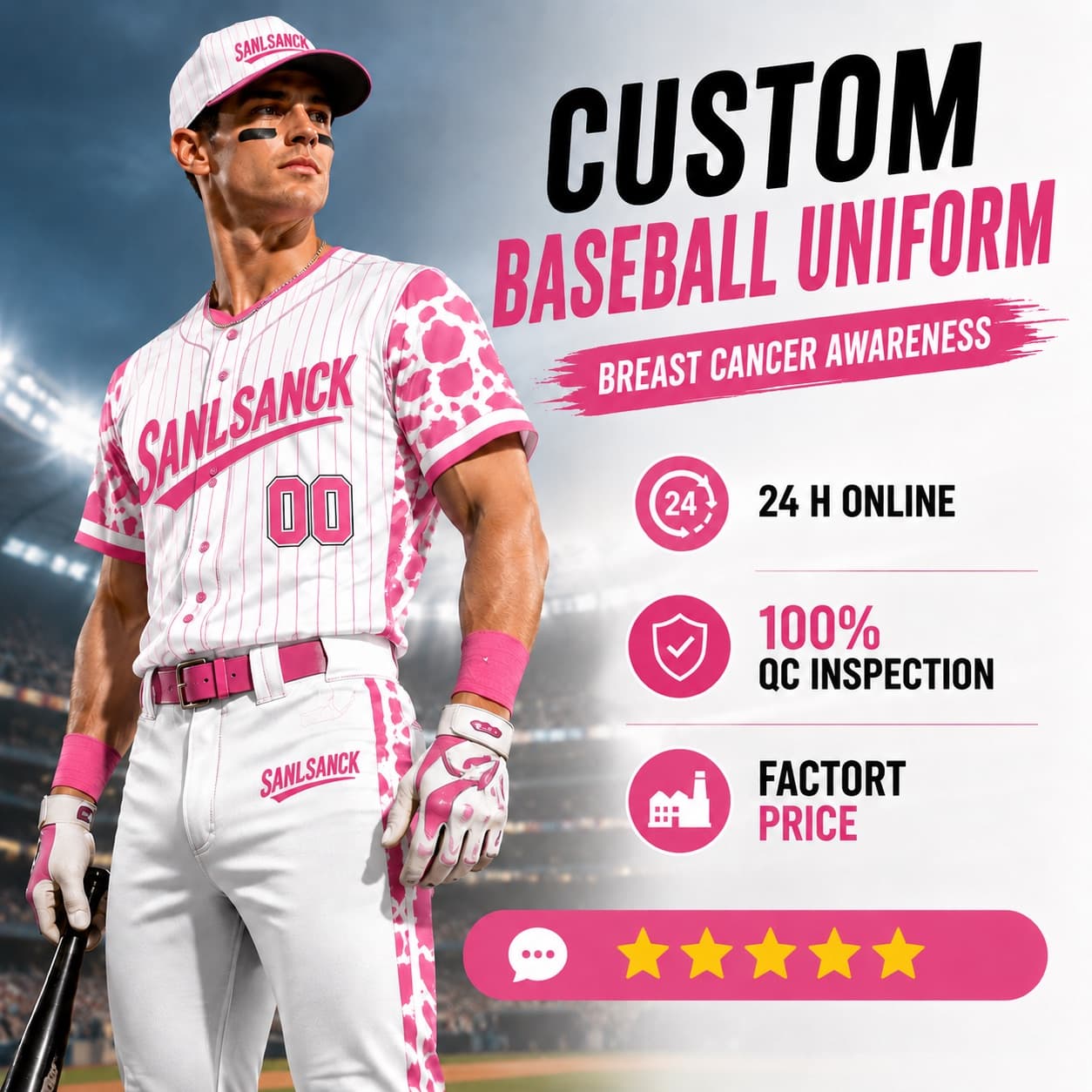 Pink custom baseball uniform for breast cancer awareness team events