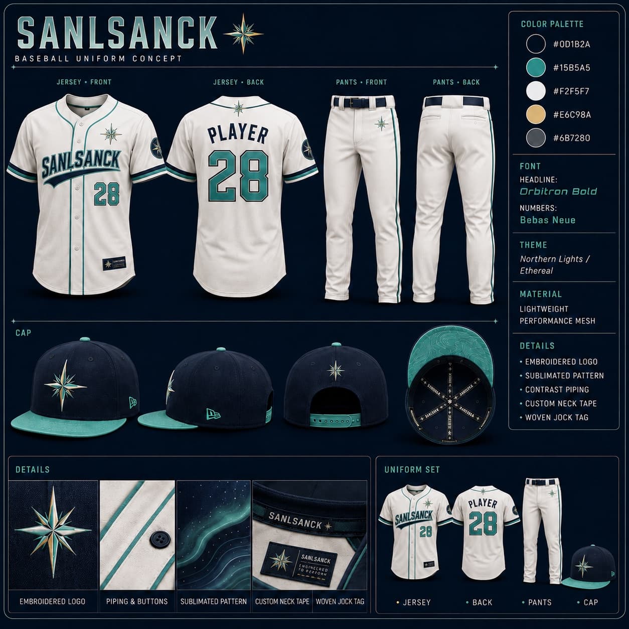 Private label baseball uniform set with embroidered logo, sublimated pattern, custom neck tape and cap