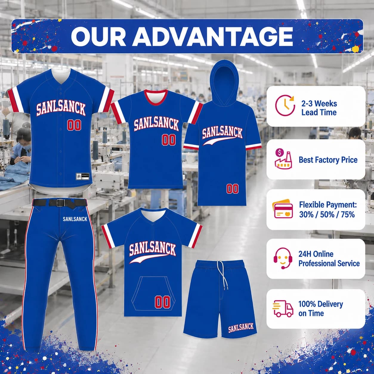 SANLSANCK blue baseball uniform collection with jerseys, short-sleeve batting hoodies, baseball pants and shorts