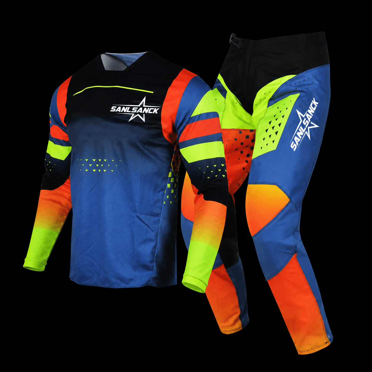 OEM blue orange and neon sublimated dirt bike jersey and riding pants kit