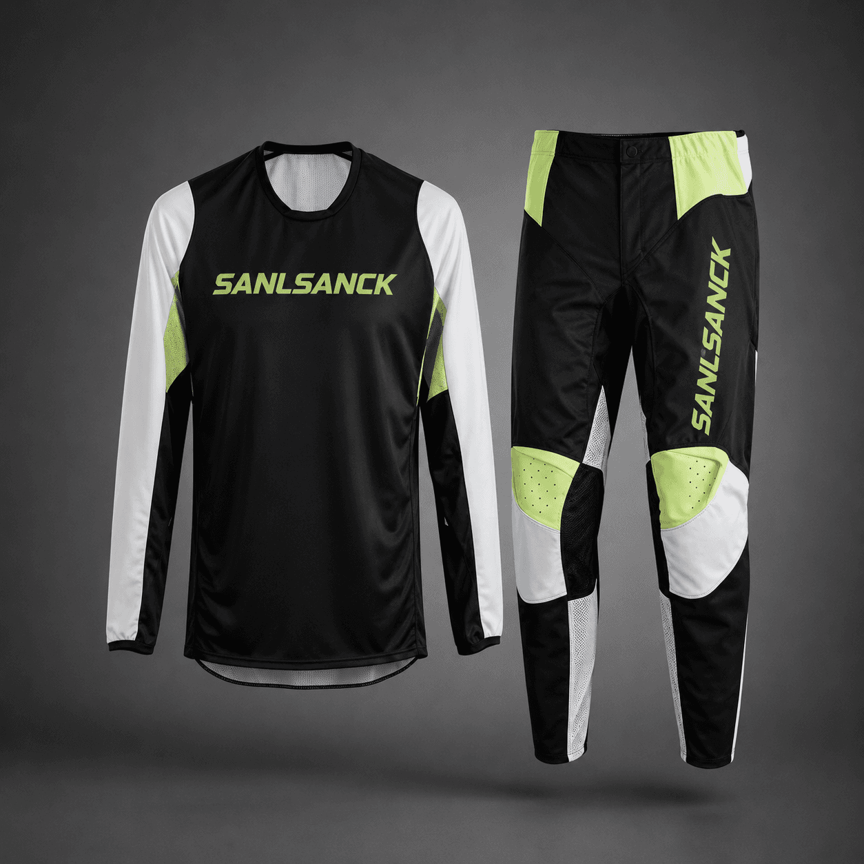 Breathable black white and lime custom MX jersey and reinforced riding pants