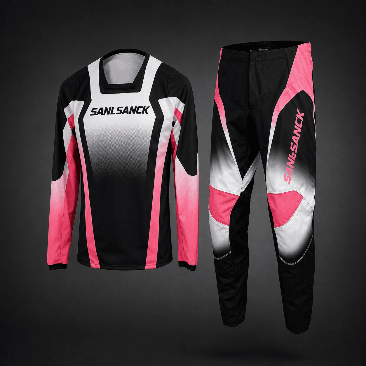 Women's black white and pink custom motocross jersey and riding pants set