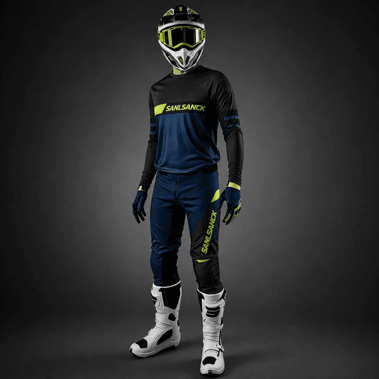 Performance navy black and lime motocross racing jersey and pants uniform worn with protective gear