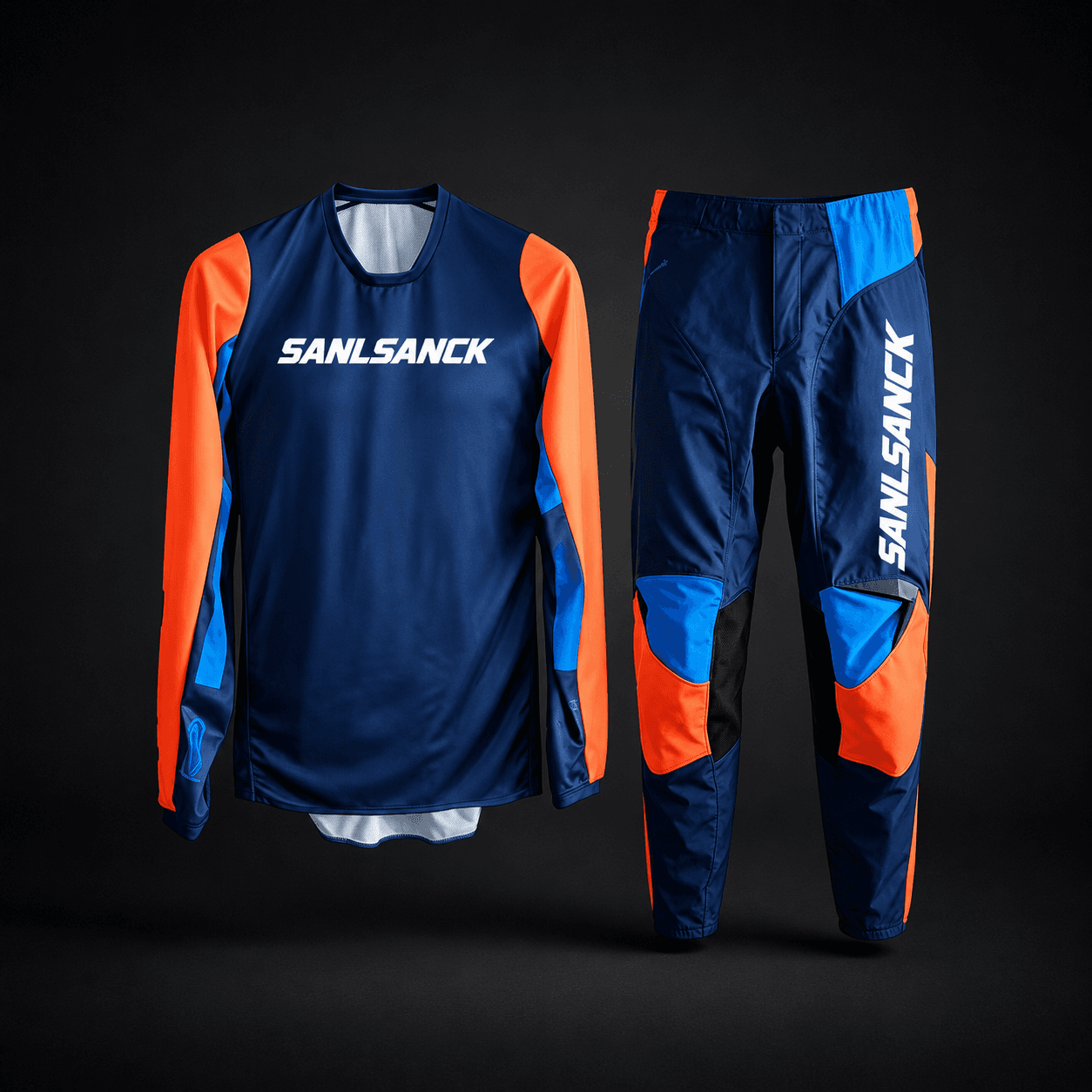 OEM navy blue and orange dirt bike jersey and reinforced motocross pants set
