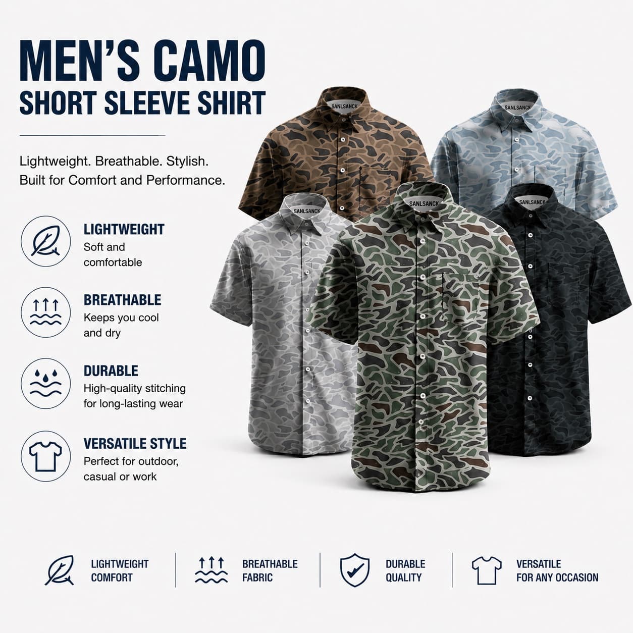 Men's lightweight breathable custom camouflage short sleeve outdoor button shirt