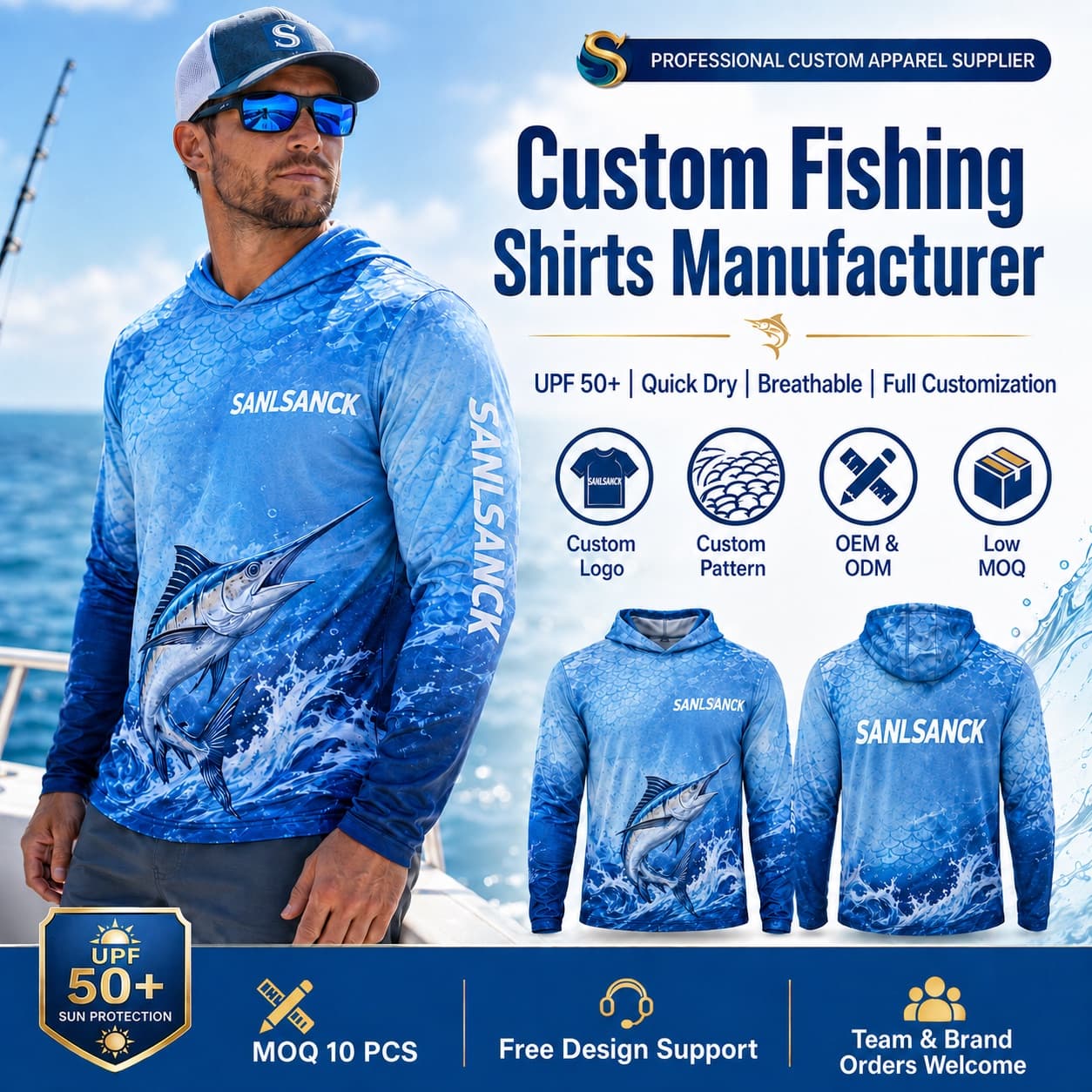 Men's custom blue UPF 50 plus hooded fishing shirt with quick dry breathable fabric and marlin print