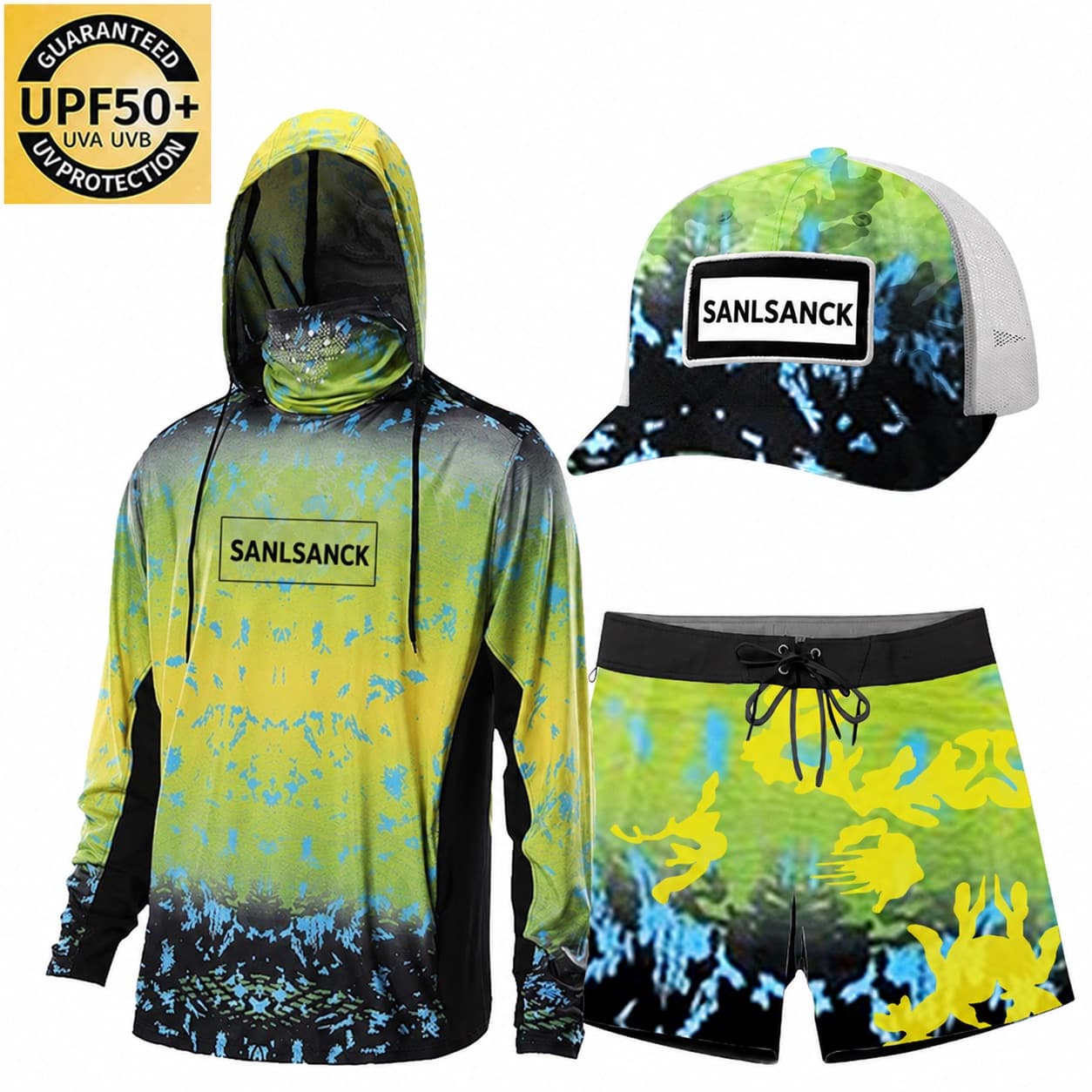 Custom sublimated fishing apparel set with hooded shirt board shorts and matching cap
