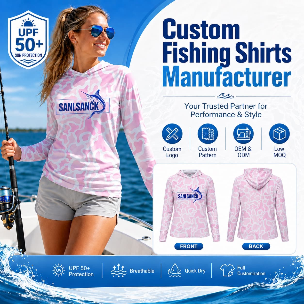 Women's custom pink UPF 50 hooded fishing shirt with breathable quick dry fabric