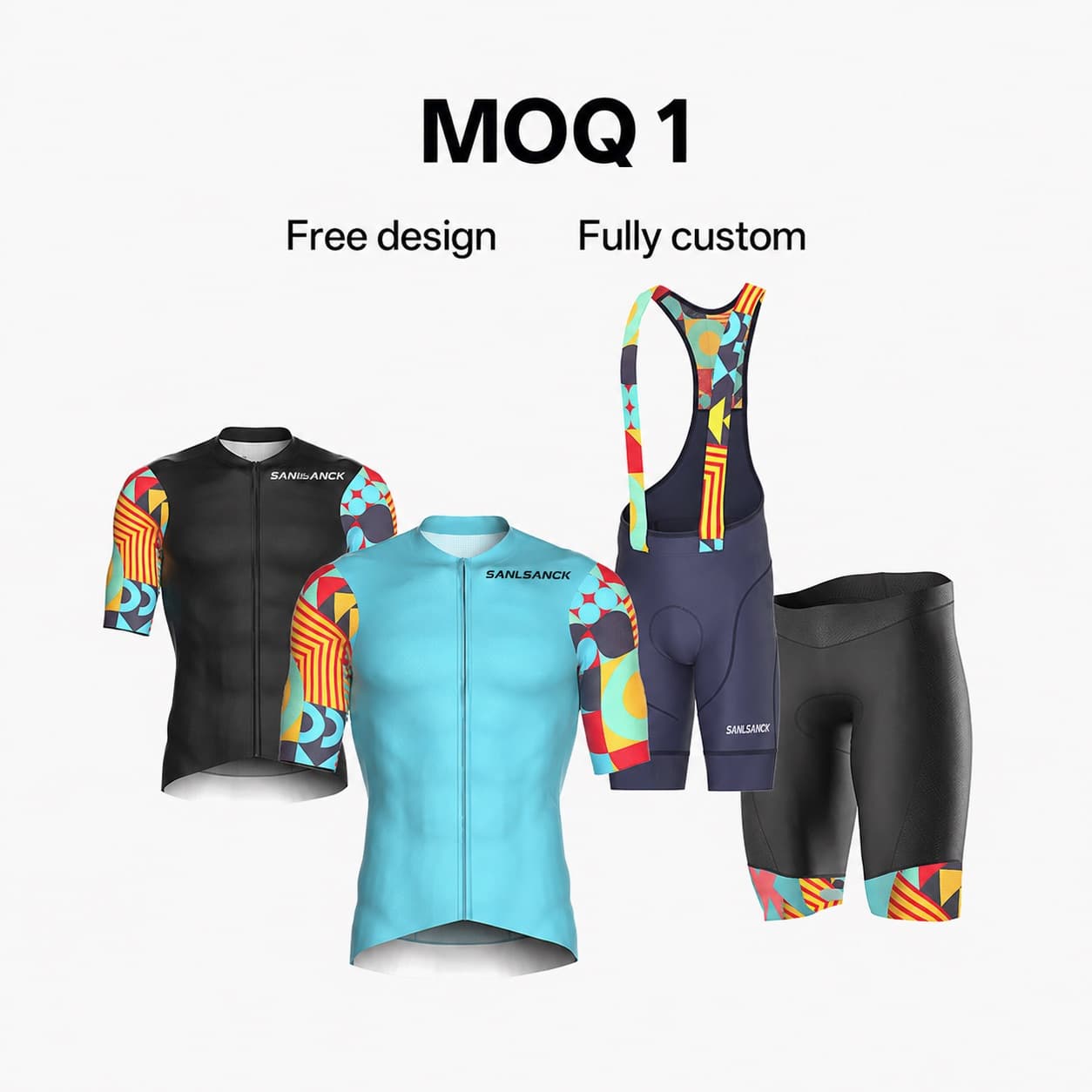 Custom cycling jersey with matching padded bib shorts and cycling shorts