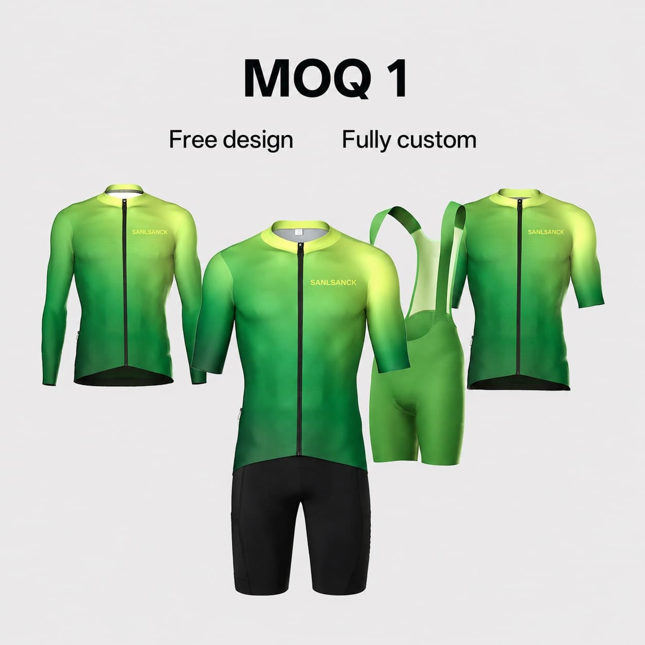 Green gradient custom cycling uniform with short sleeve jersey long sleeve jersey and bib shorts