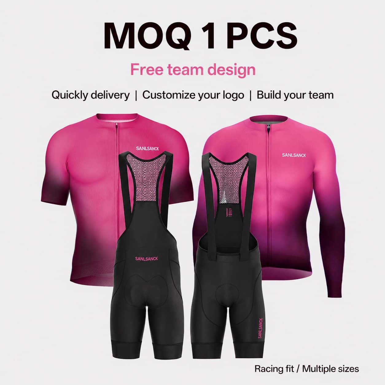 Pink custom team cycling jerseys with black padded bib shorts in short and long sleeve options