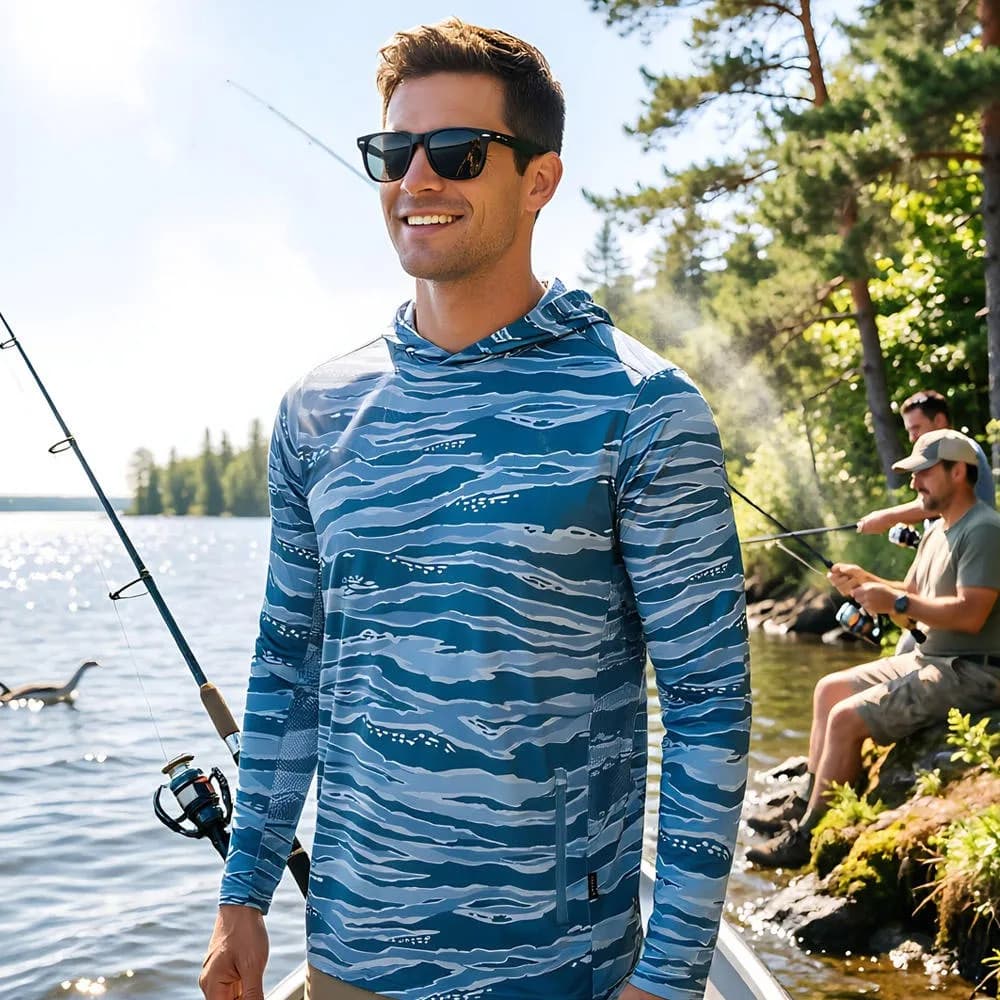 Custom UV protection camouflage fishing hoodie for anglers and outdoor brands