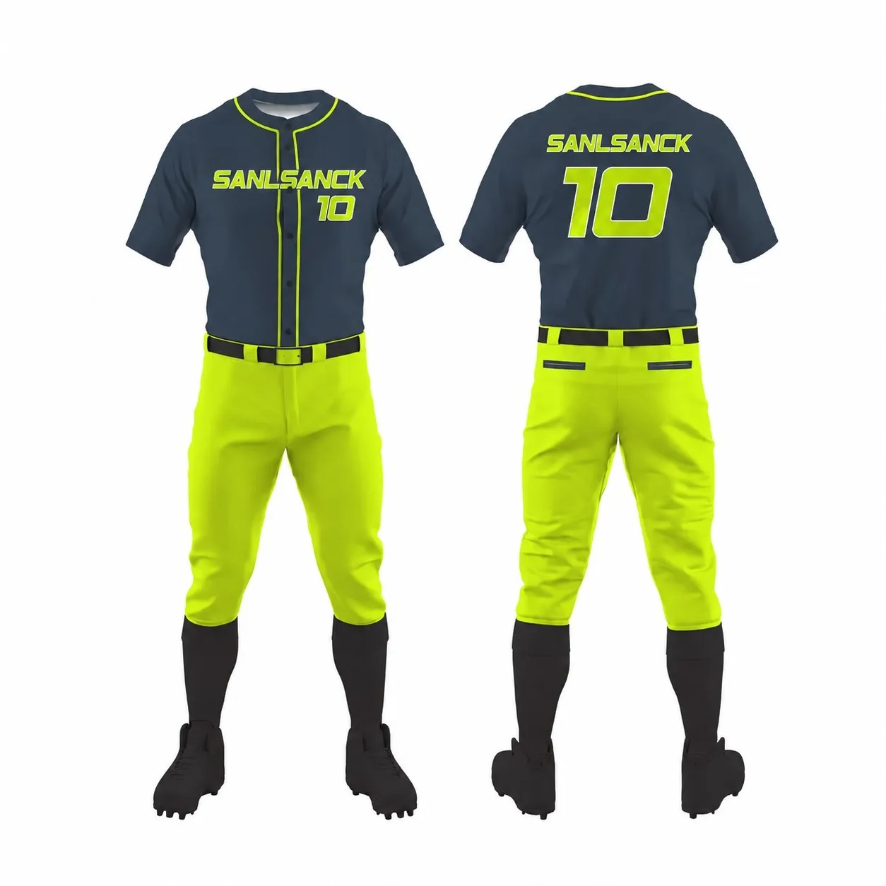 Navy and neon yellow custom baseball team uniform with personalized graphics