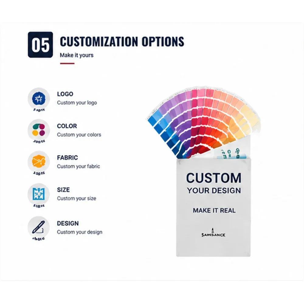 Professional custom design workflow covering logo customization, color mastery, fabric innovation, size grading and design elements with 7-day rapid sampling