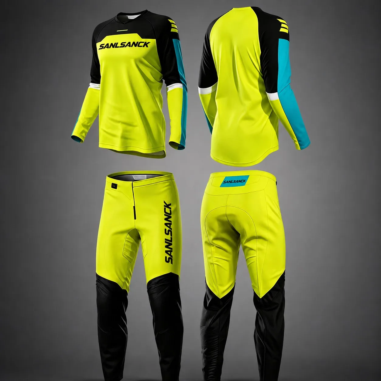 Lightweight black white and lime enduro MX jersey and protective riding pants kit