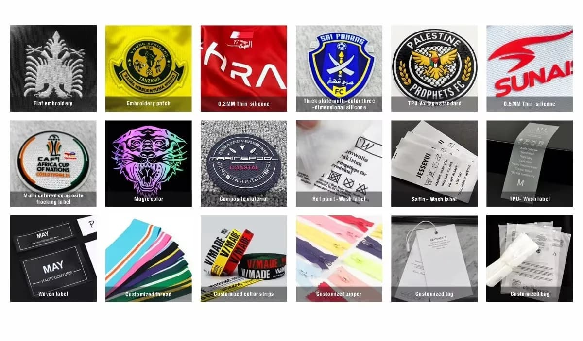 16-point branding matrix with flat embroidery, 3D embroidery patches, multi-color 3D silicone, TPU voltage, custom woven labels and zippers