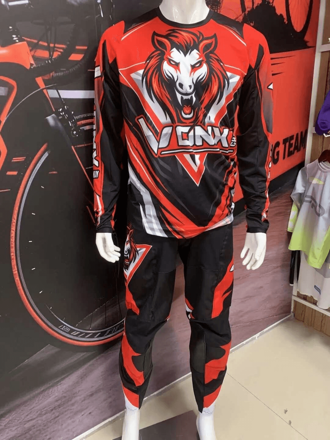Red and black custom motocross jersey and pants set produced for a Bolivian customer