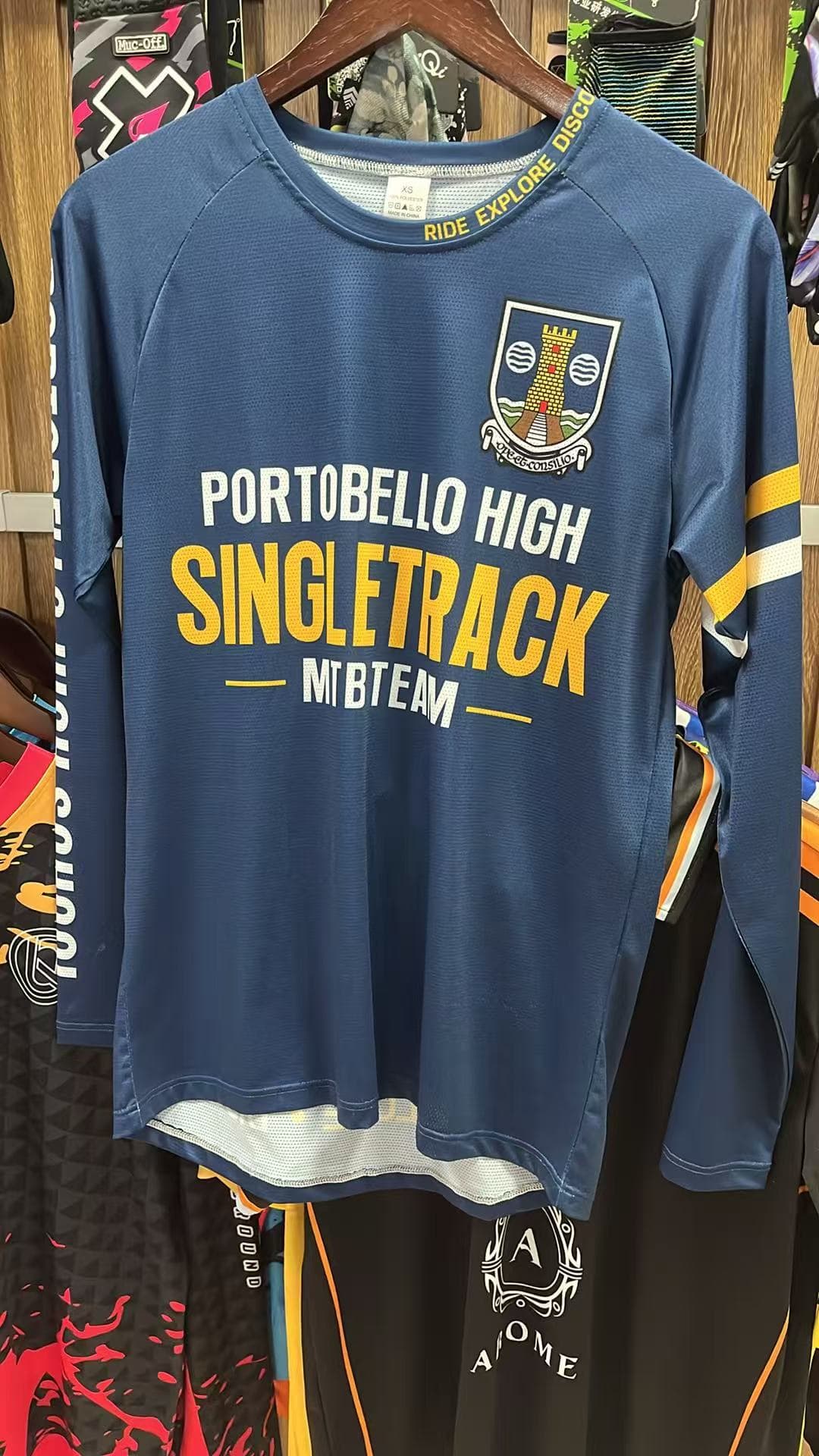 Custom navy and gold Portobello High Singletrack MTB Team jersey